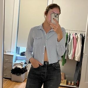 BDG blue and white stripped cropped button down shirt
